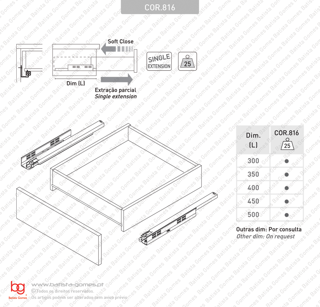 Corredi�as ocultas com Soft-Close para gavetas / Extra��o parcial / 25Kg